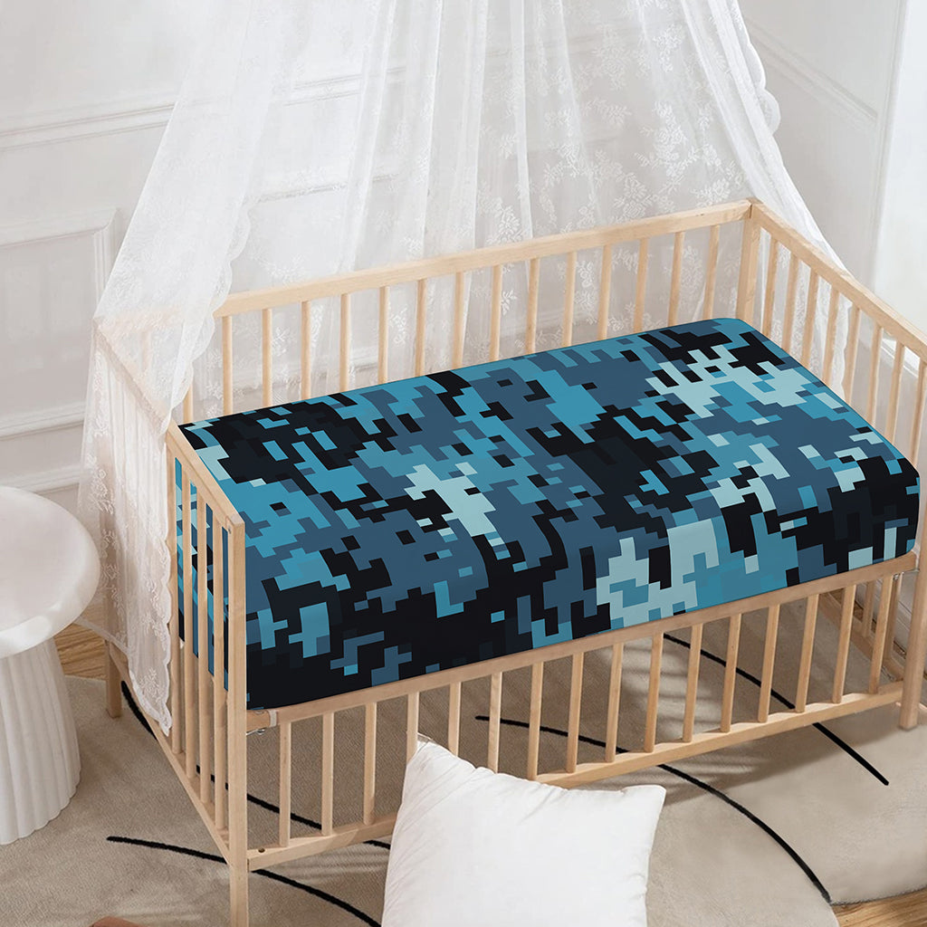 Blue And Black Digital Camo Print Baby Crib Sheet