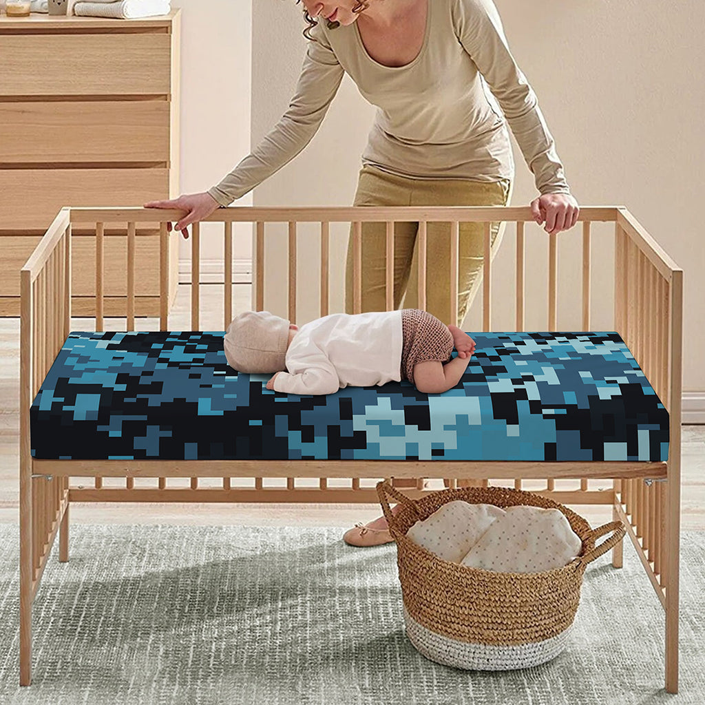 Blue And Black Digital Camo Print Baby Crib Sheet