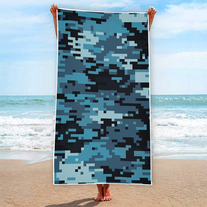 Blue And Black Digital Camo Print Beach Towel