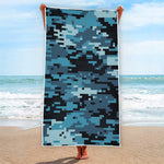Blue And Black Digital Camo Print Beach Towel