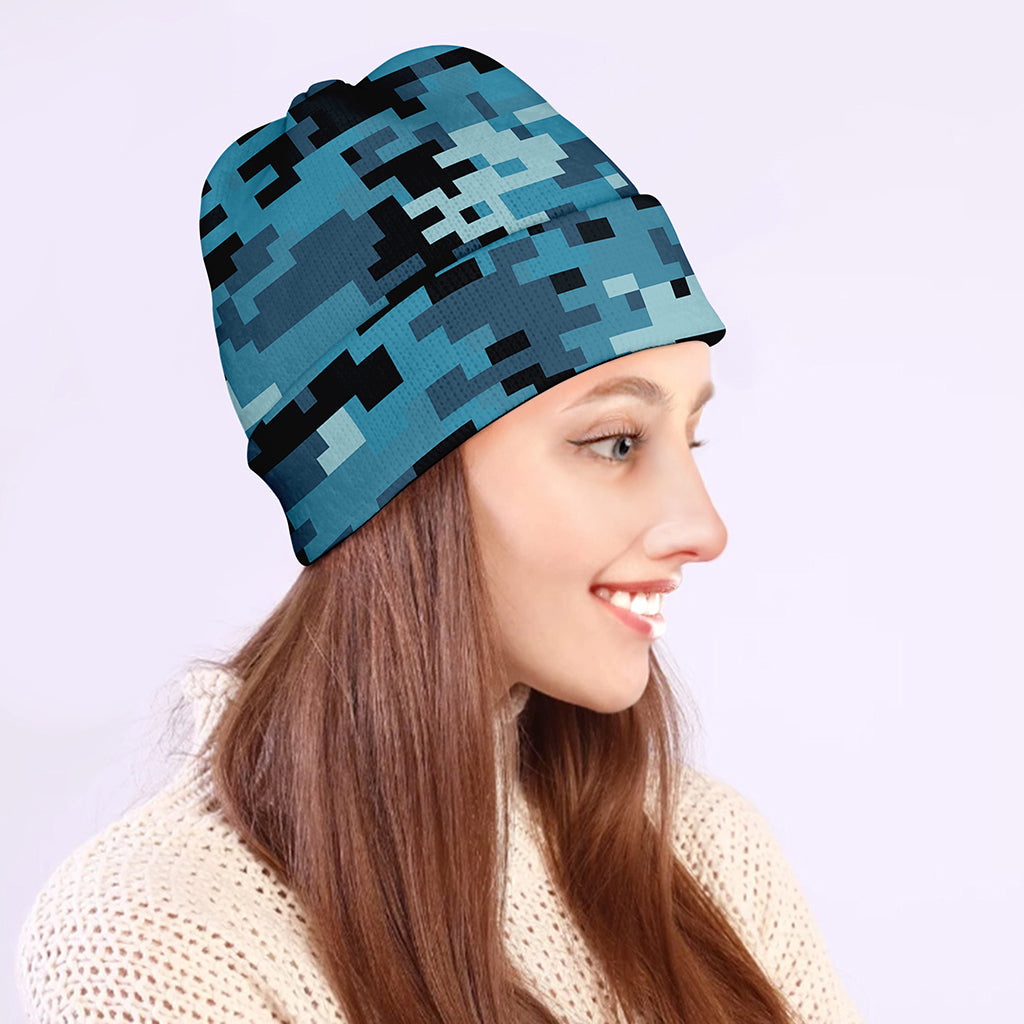 Blue And Black Digital Camo Print Beanie