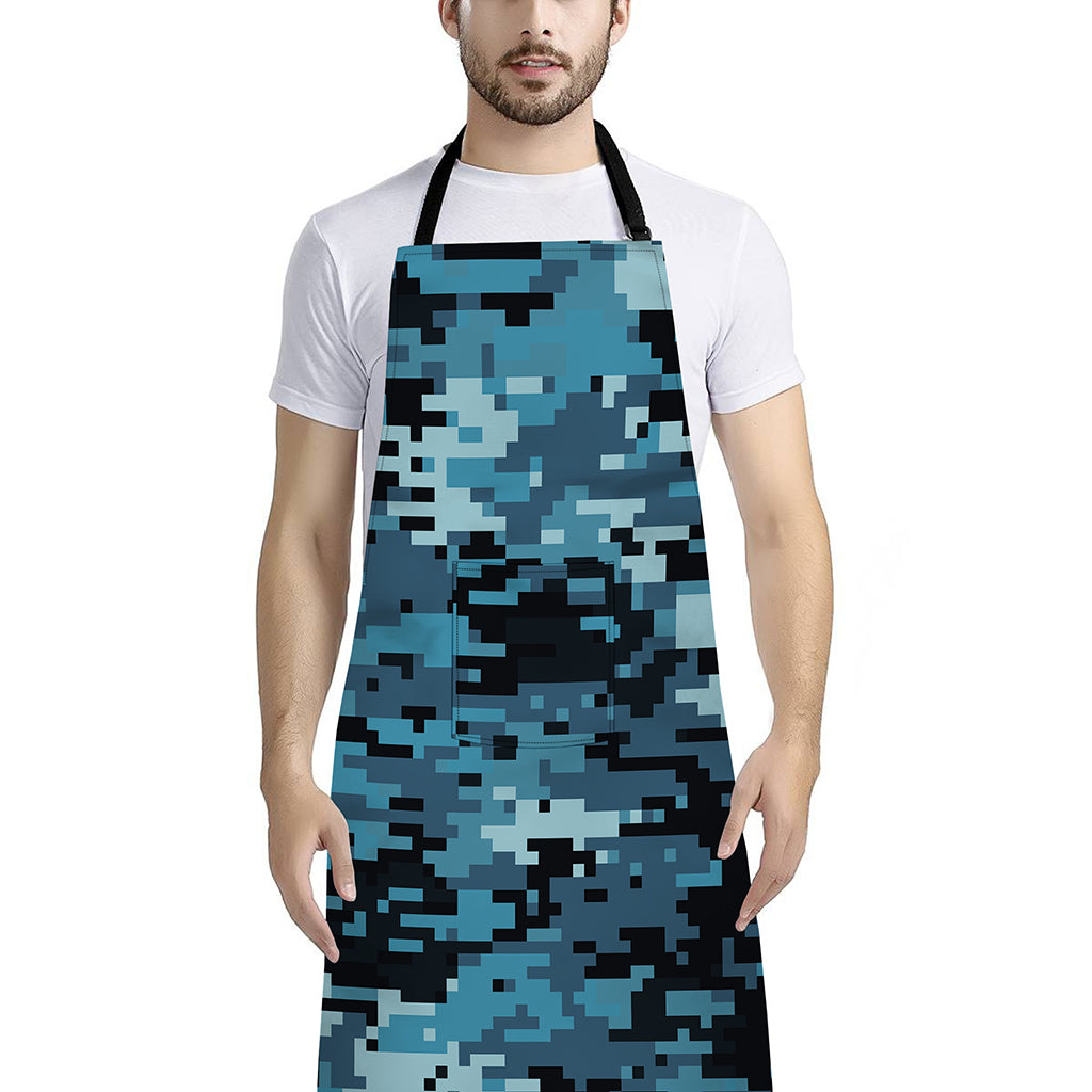 Blue And Black Digital Camo Print Bib Apron With Pocket