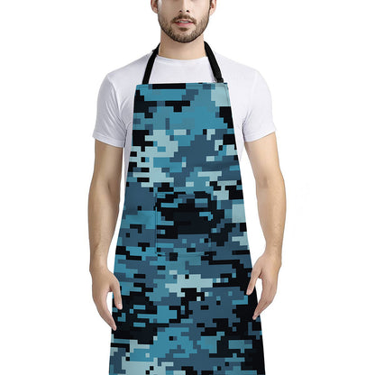 Blue And Black Digital Camo Print Bib Apron With Pocket