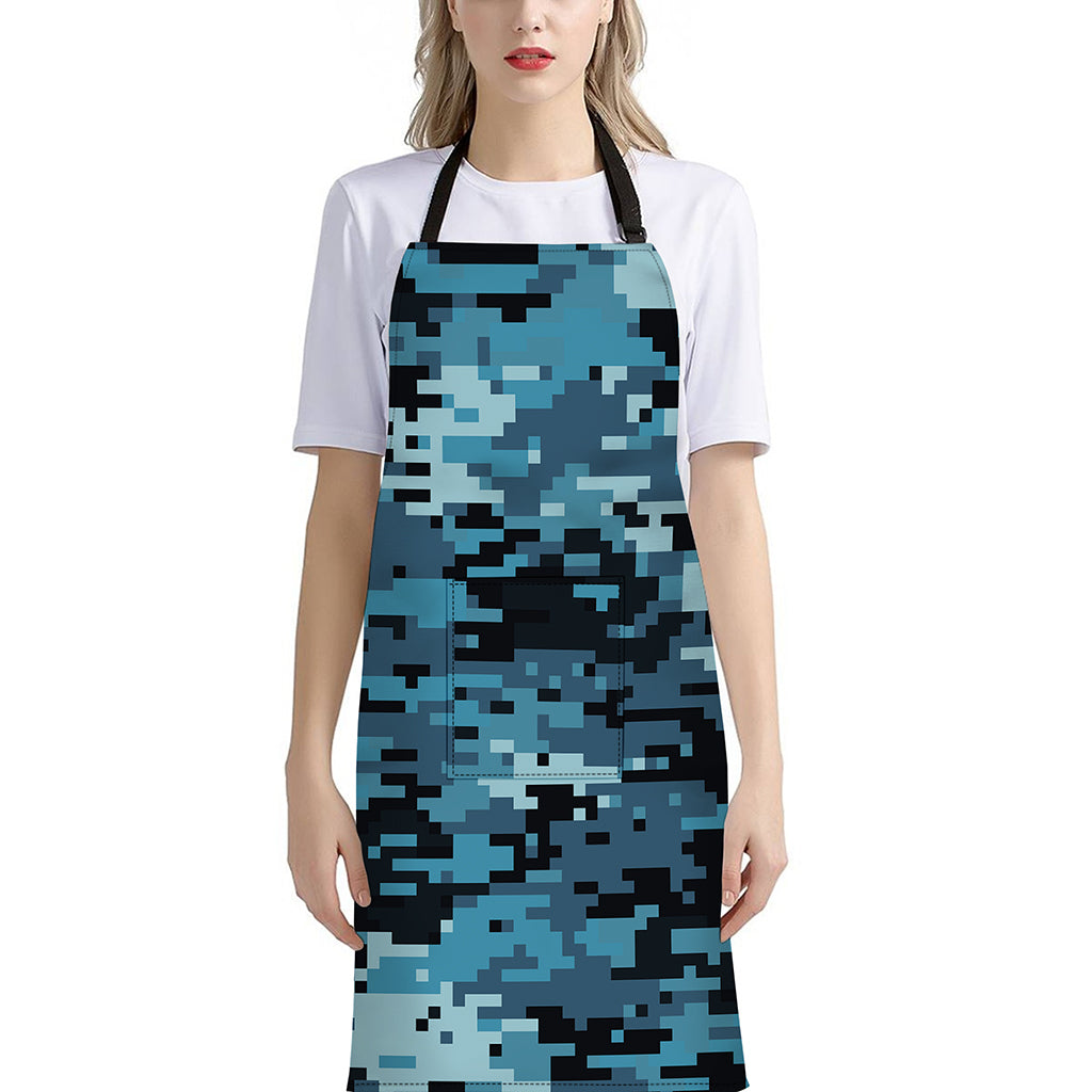 Blue And Black Digital Camo Print Bib Apron With Pocket
