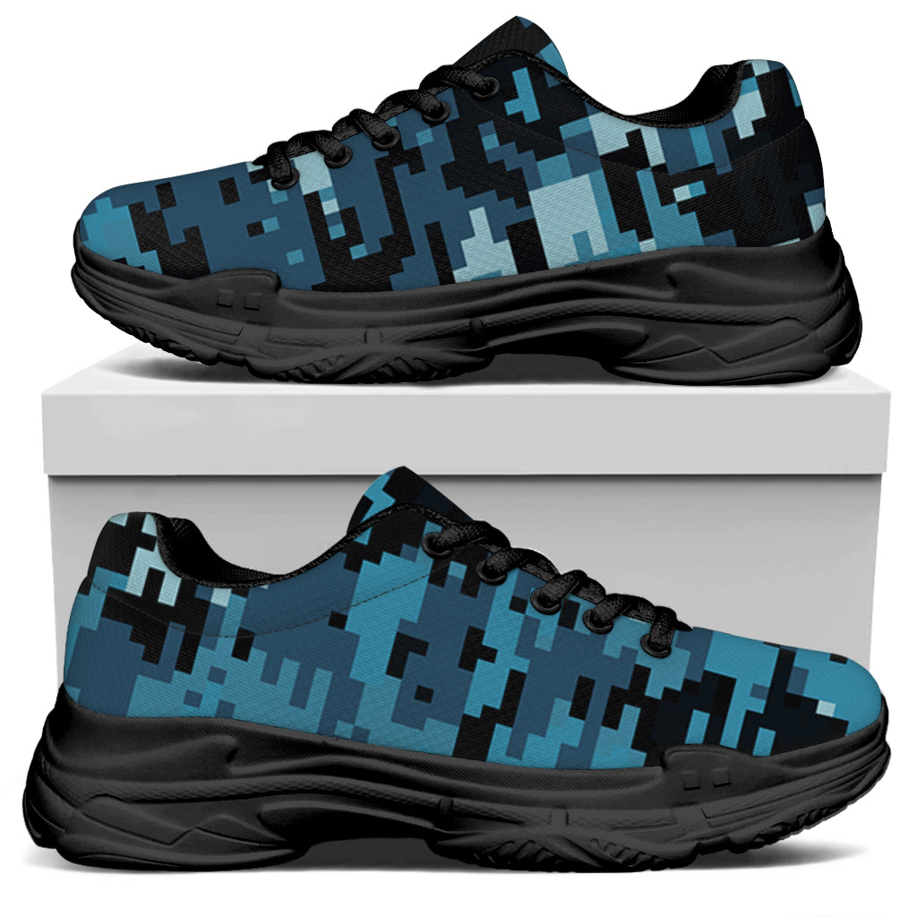 Blue And Black Digital Camo Print Black Chunky Shoes