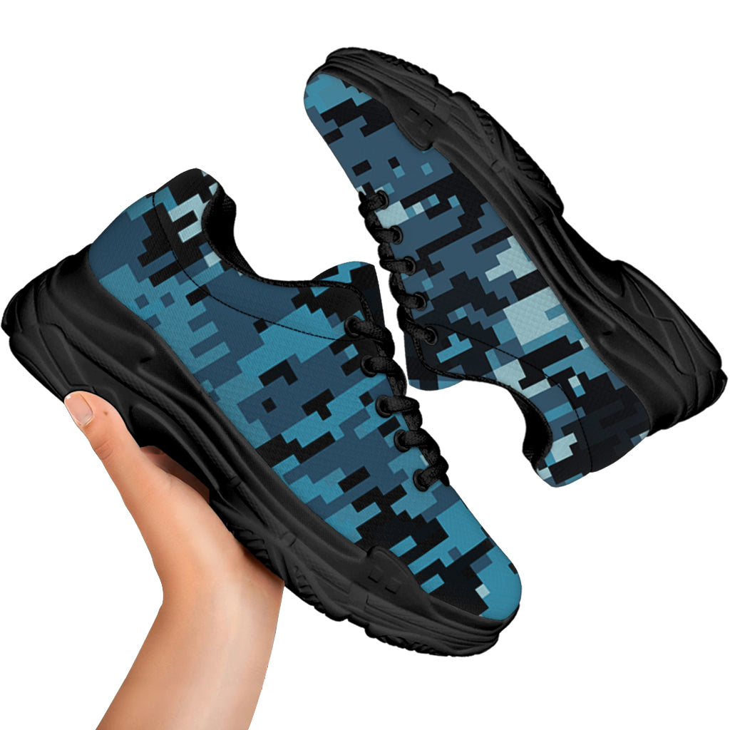 Blue And Black Digital Camo Print Black Chunky Shoes