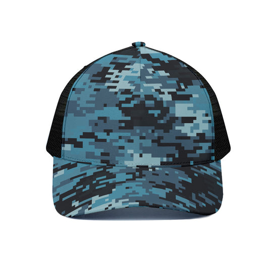 Blue And Black Digital Camo Print Black Mesh Trucker Cap