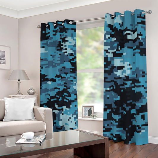Blue And Black Digital Camo Print Blackout Grommet Curtains