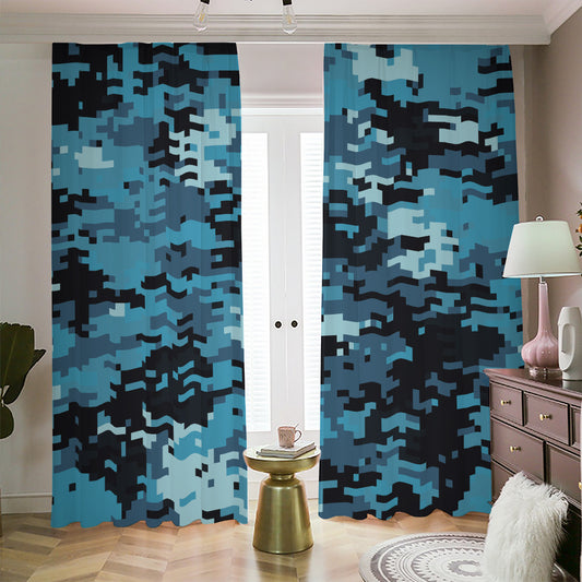 Blue And Black Digital Camo Print Blackout Pencil Pleat Curtains