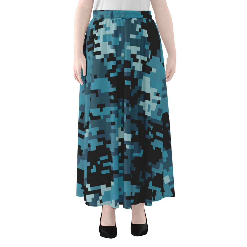 Blue And Black Digital Camo Print Chiffon Maxi Skirt
