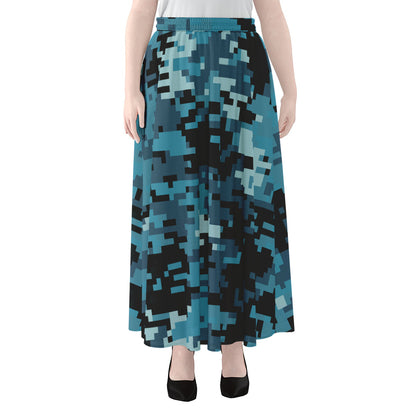 Blue And Black Digital Camo Print Chiffon Maxi Skirt