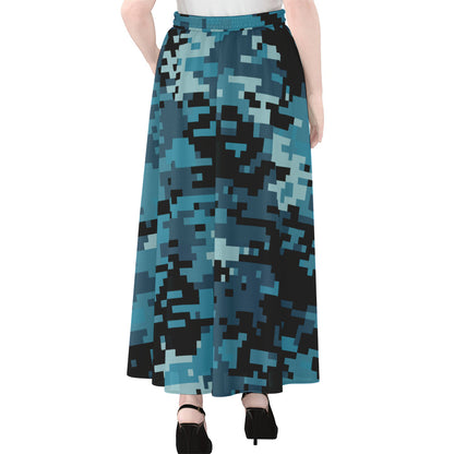 Blue And Black Digital Camo Print Chiffon Maxi Skirt