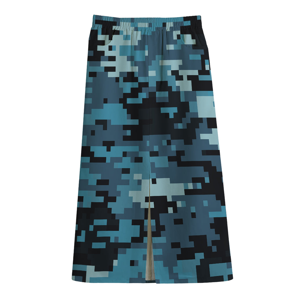 Blue And Black Digital Camo Print Cotton Front Slit Maxi Skirt