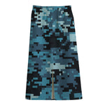 Blue And Black Digital Camo Print Cotton Front Slit Maxi Skirt