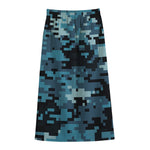 Blue And Black Digital Camo Print Cotton Front Slit Maxi Skirt