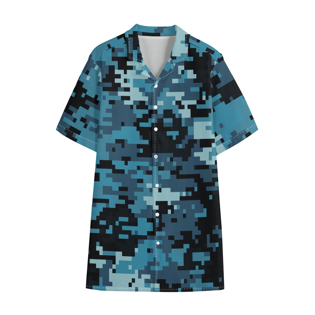 Blue And Black Digital Camo Print Cotton Hawaiian Shirt