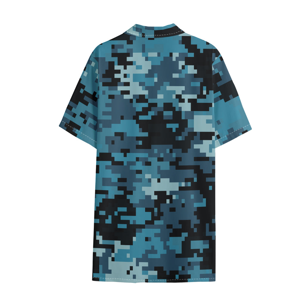 Blue And Black Digital Camo Print Cotton Hawaiian Shirt