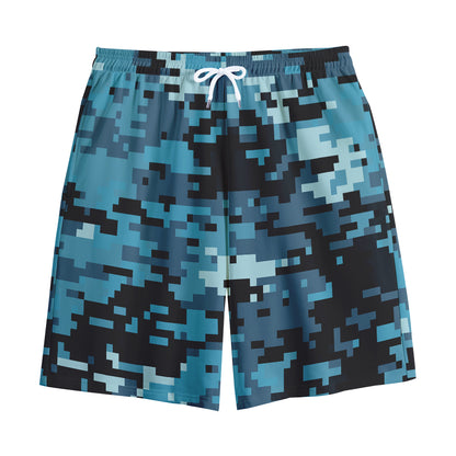 Blue And Black Digital Camo Print Cotton Shorts