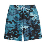 Blue And Black Digital Camo Print Cotton Shorts