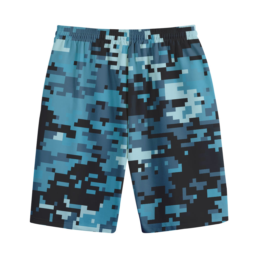 Blue And Black Digital Camo Print Cotton Shorts