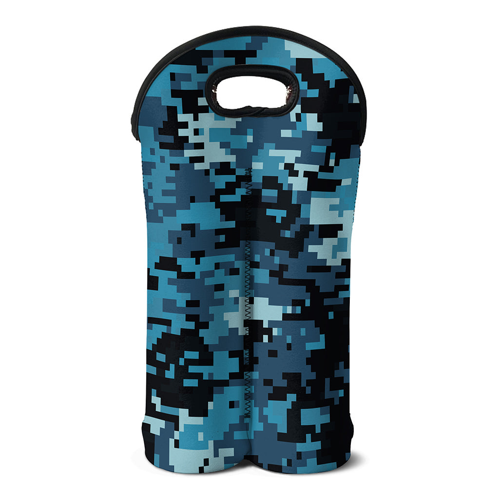 Blue And Black Digital Camo Print Double Neoprene Wine Tote