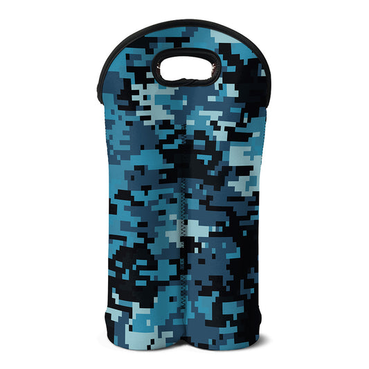 Blue And Black Digital Camo Print Double Neoprene Wine Tote