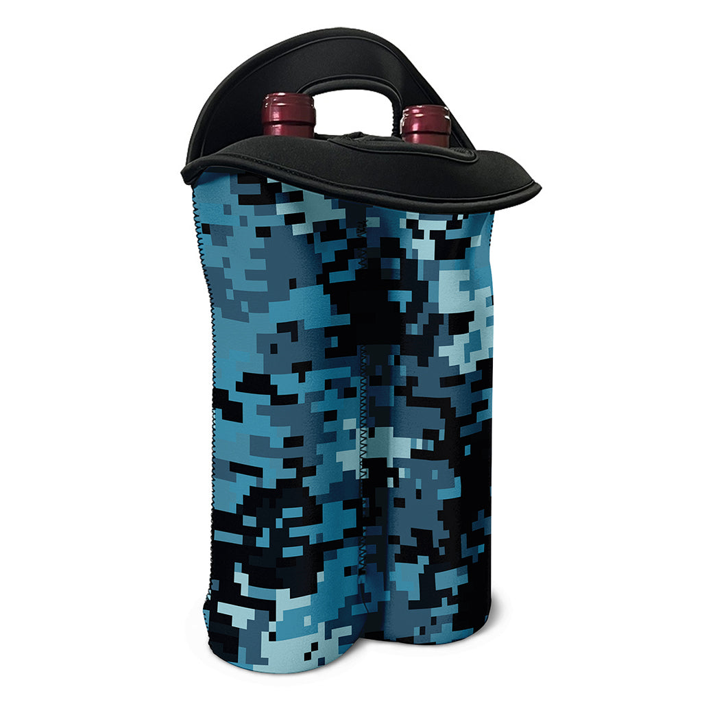 Blue And Black Digital Camo Print Double Neoprene Wine Tote