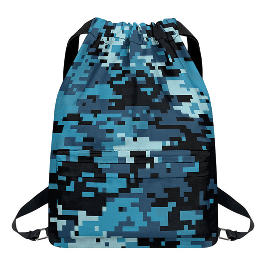 Blue And Black Digital Camo Print Drawstring Backpack