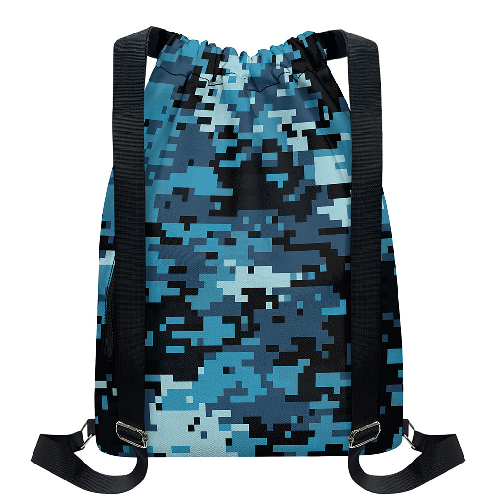 Blue And Black Digital Camo Print Drawstring Backpack