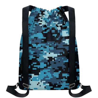 Blue And Black Digital Camo Print Drawstring Backpack