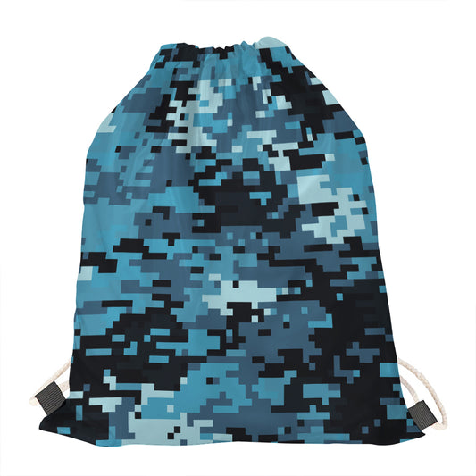 Blue And Black Digital Camo Print Drawstring Bag