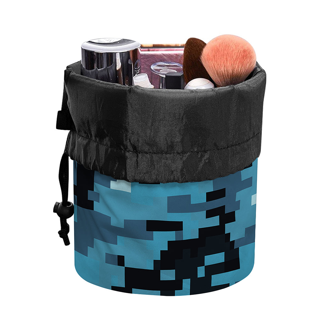 Blue And Black Digital Camo Print Drawstring Makeup Bag