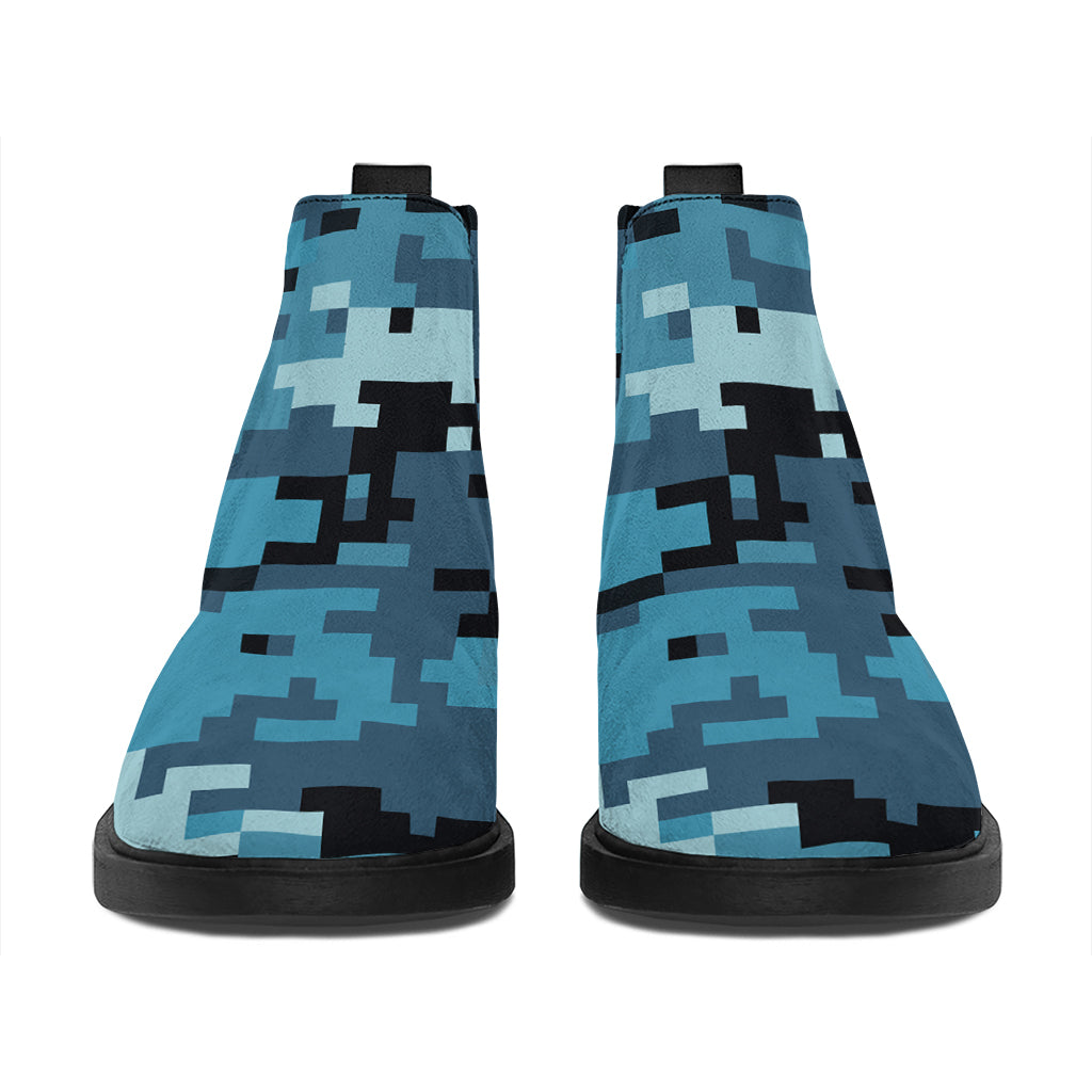 Blue And Black Digital Camo Print Flat Ankle Boots