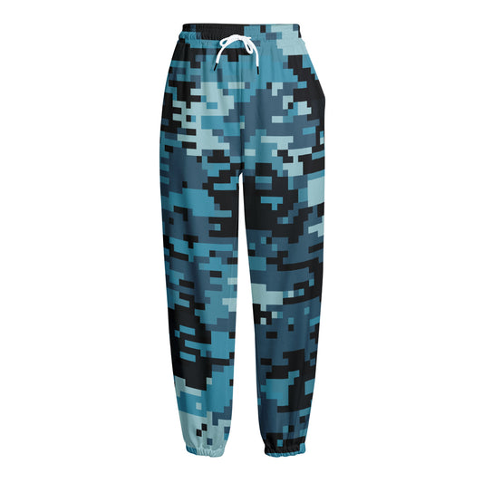 Blue And Black Digital Camo Print Fleece Lined Knit Pants
