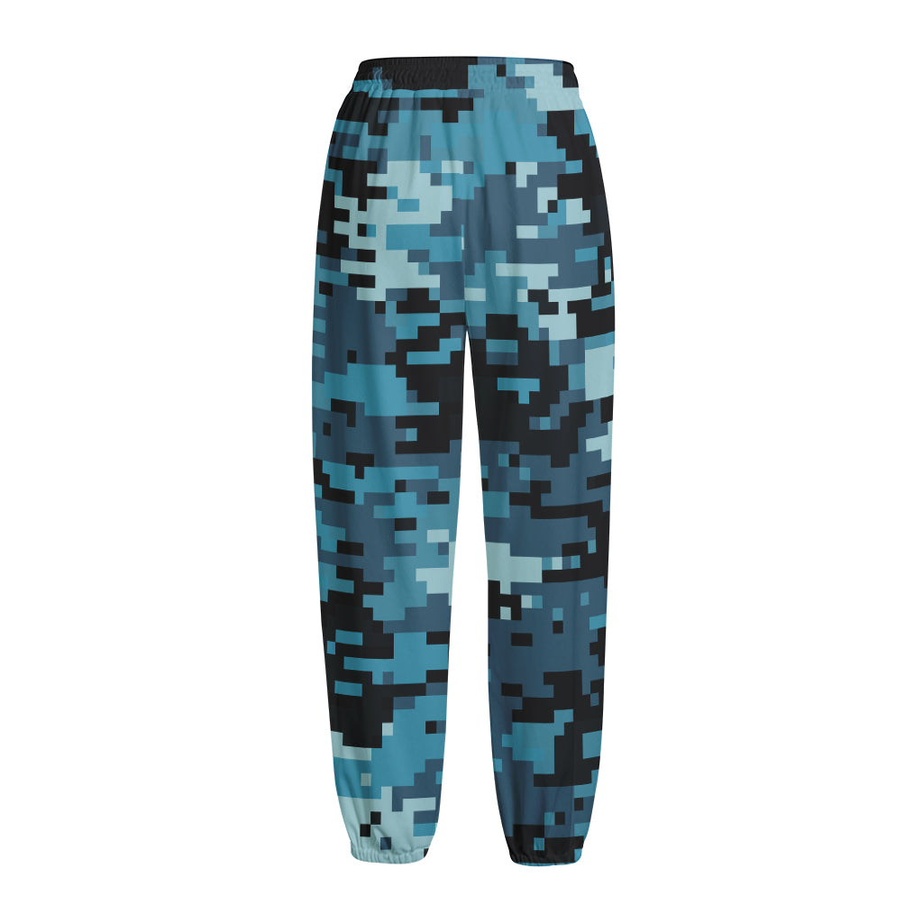 Blue And Black Digital Camo Print Fleece Lined Knit Pants