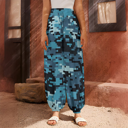 Blue And Black Digital Camo Print Harem Pants