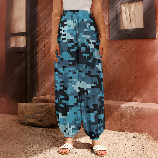 Blue And Black Digital Camo Print Harem Pants