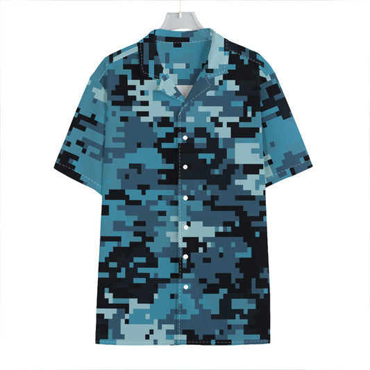 Blue And Black Digital Camo Print Hawaiian Shirt