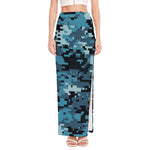 Blue And Black Digital Camo Print High Slit Maxi Skirt