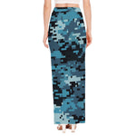Blue And Black Digital Camo Print High Slit Maxi Skirt