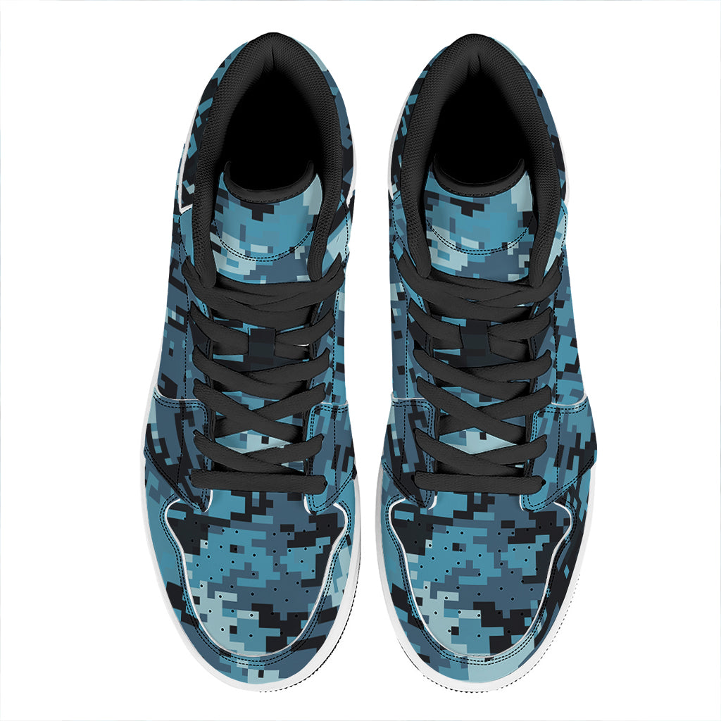 Blue And Black Digital Camo Print High Top Leather Sneakers