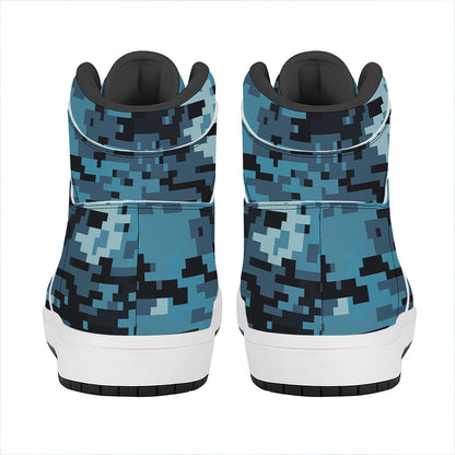 Blue And Black Digital Camo Print High Top Leather Sneakers