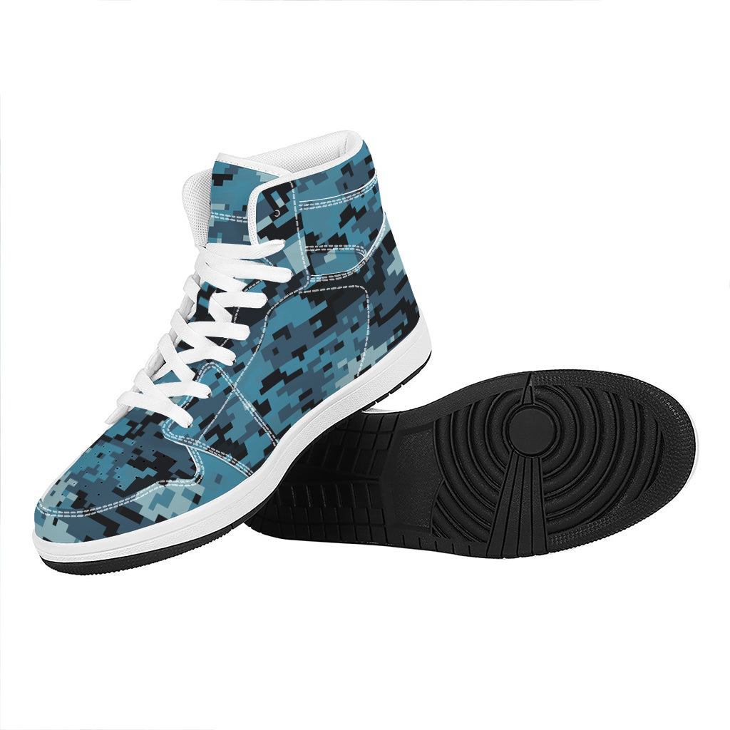 Blue And Black Digital Camo Print High Top Leather Sneakers