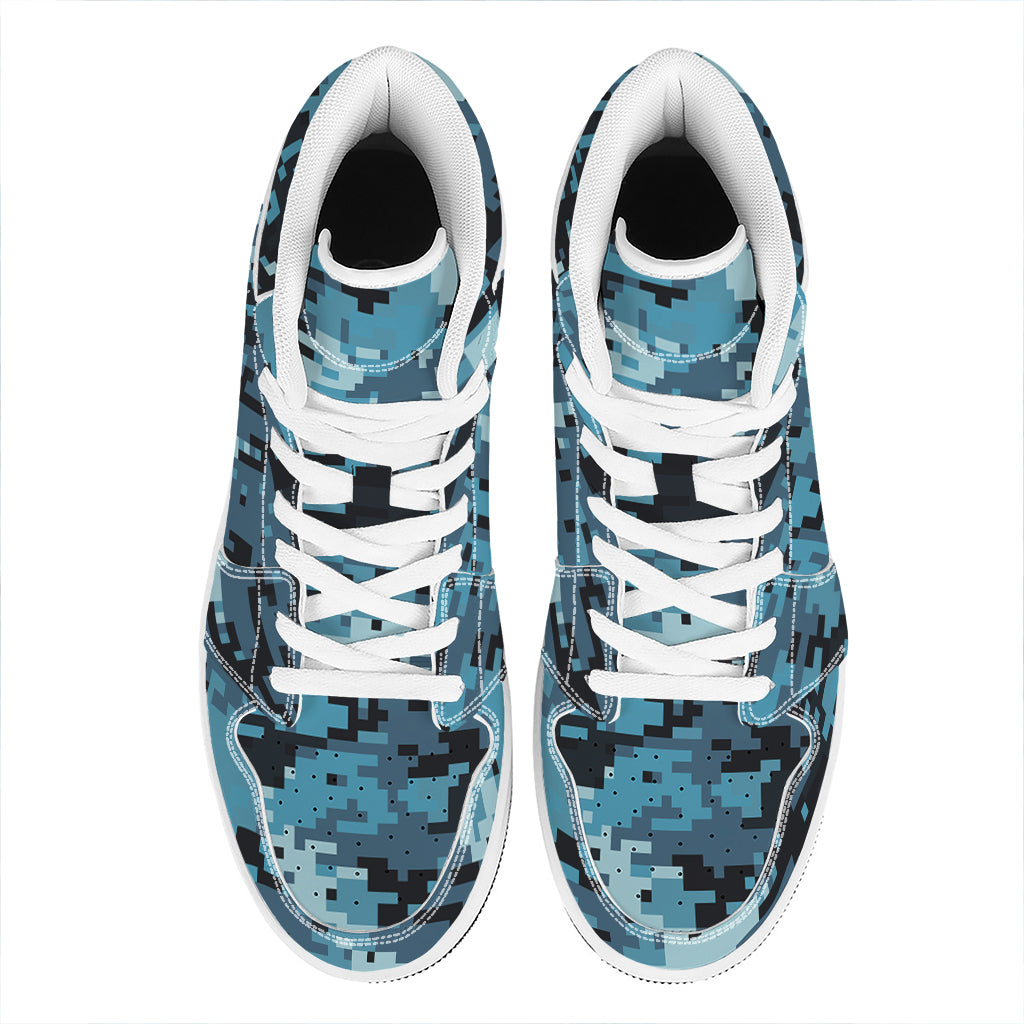 Blue And Black Digital Camo Print High Top Leather Sneakers