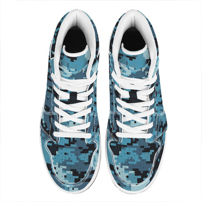 Blue And Black Digital Camo Print High Top Leather Sneakers