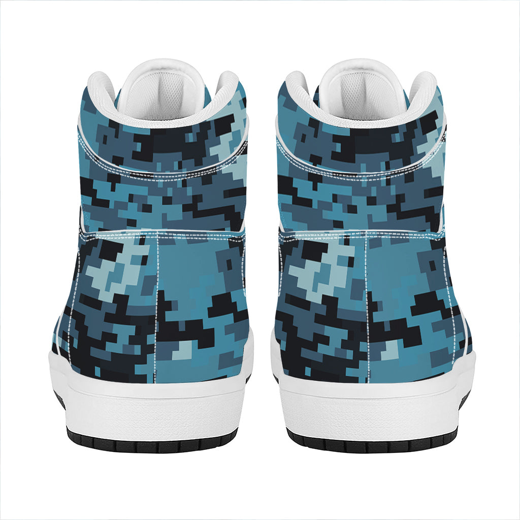 Blue And Black Digital Camo Print High Top Leather Sneakers