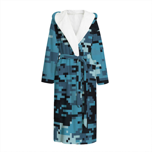 Blue And Black Digital Camo Print Hooded Bathrobe