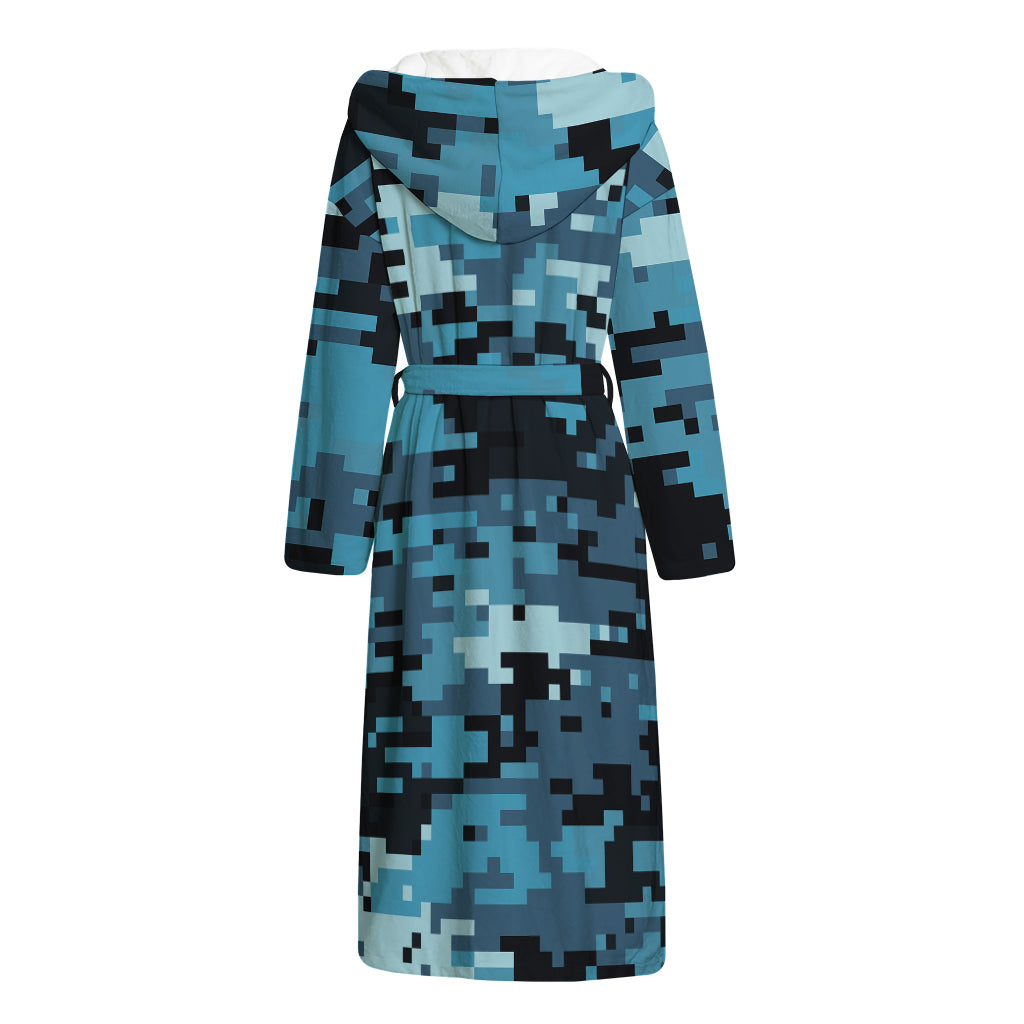 Blue And Black Digital Camo Print Hooded Bathrobe