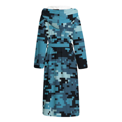 Blue And Black Digital Camo Print Hooded Bathrobe