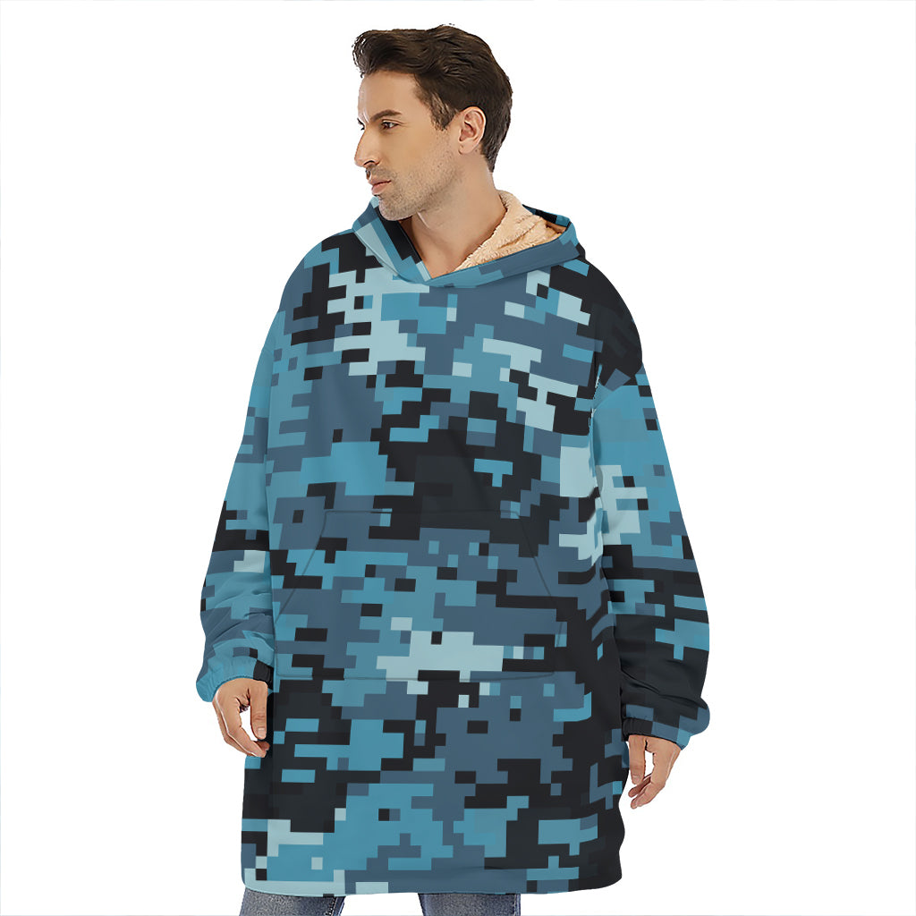 Blue And Black Digital Camo Print Hoodie Blanket